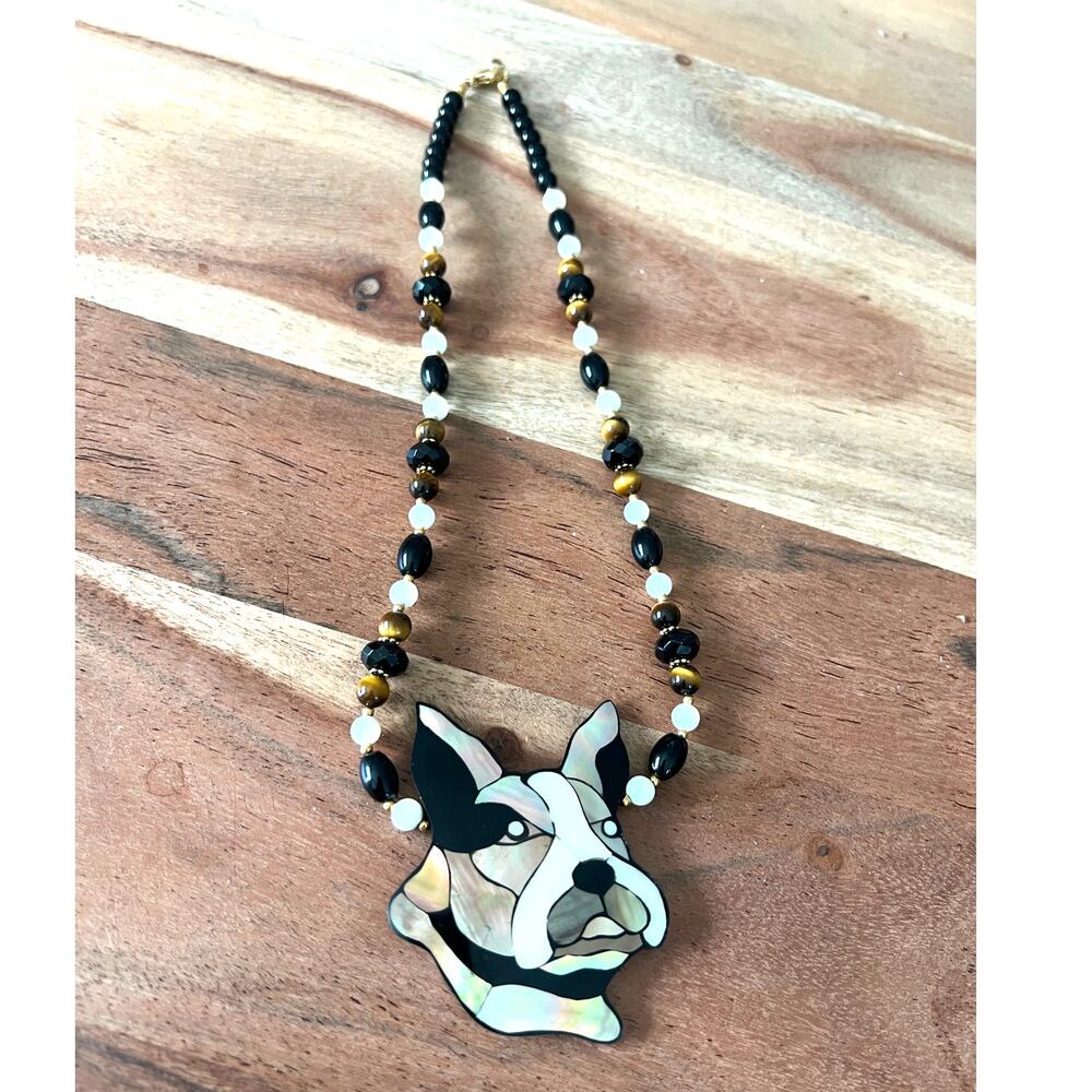 Vintage Shell Pearl Boston Terrier Dog Mosaic Pendant Necklace French Bulldog